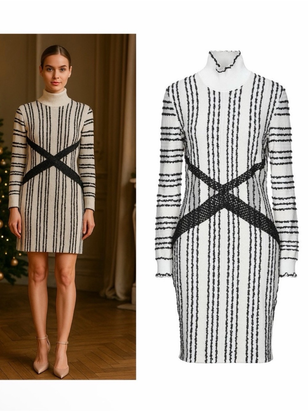 Roberto Cavalli Black White Wool Knit Tweed Dress Long Sleeve IT42 US6 NWOT ⚪️